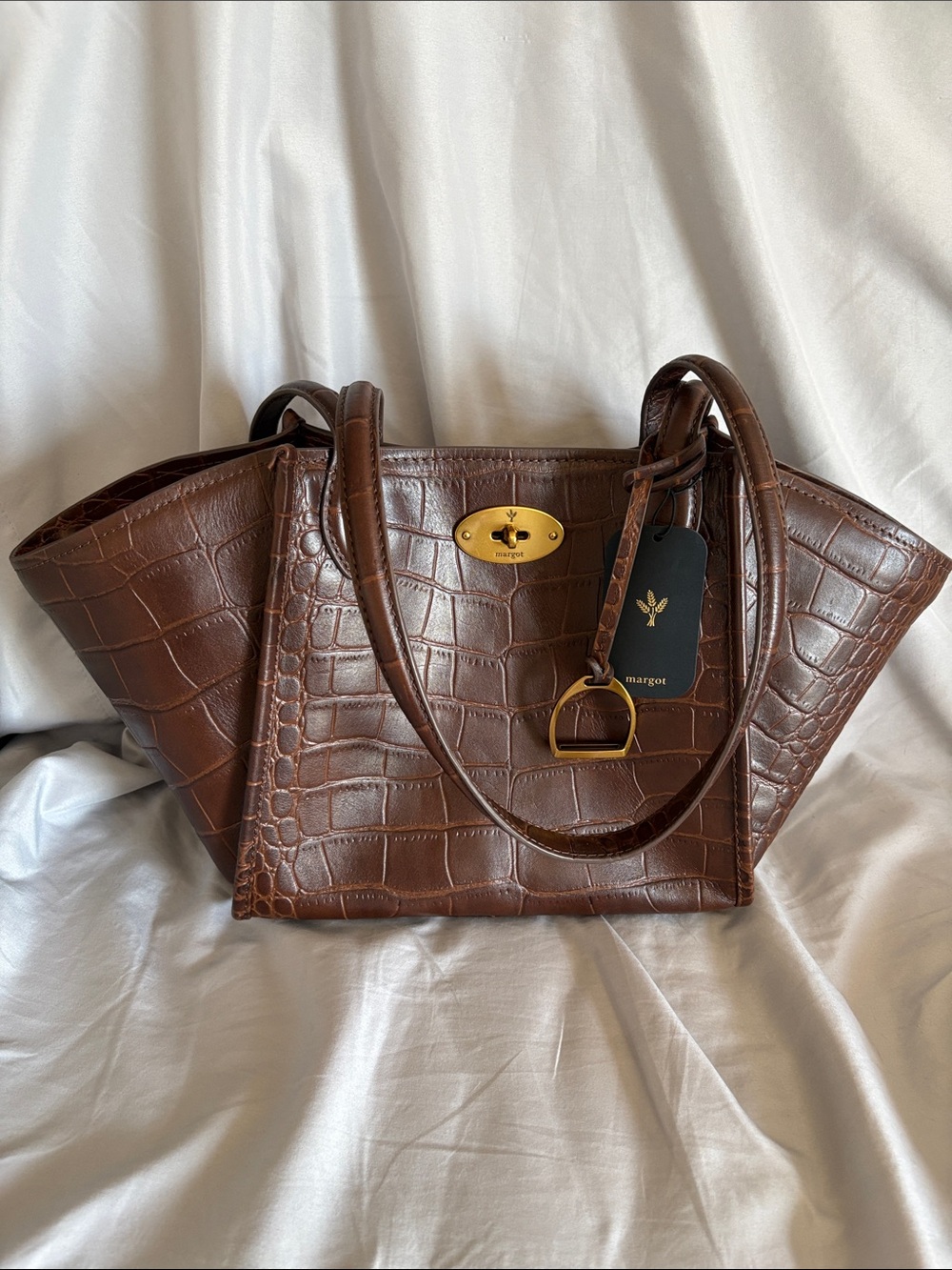 NWT Margot New York Phoebe Croc Embossed Leather Medium Tote Bag Brown Gold